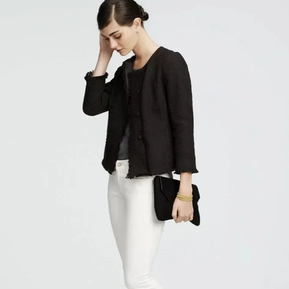 COPY - Ann Taylor Petite - Black Tweed Fringe Moto Blazer Jacket - Picture 4 of 9